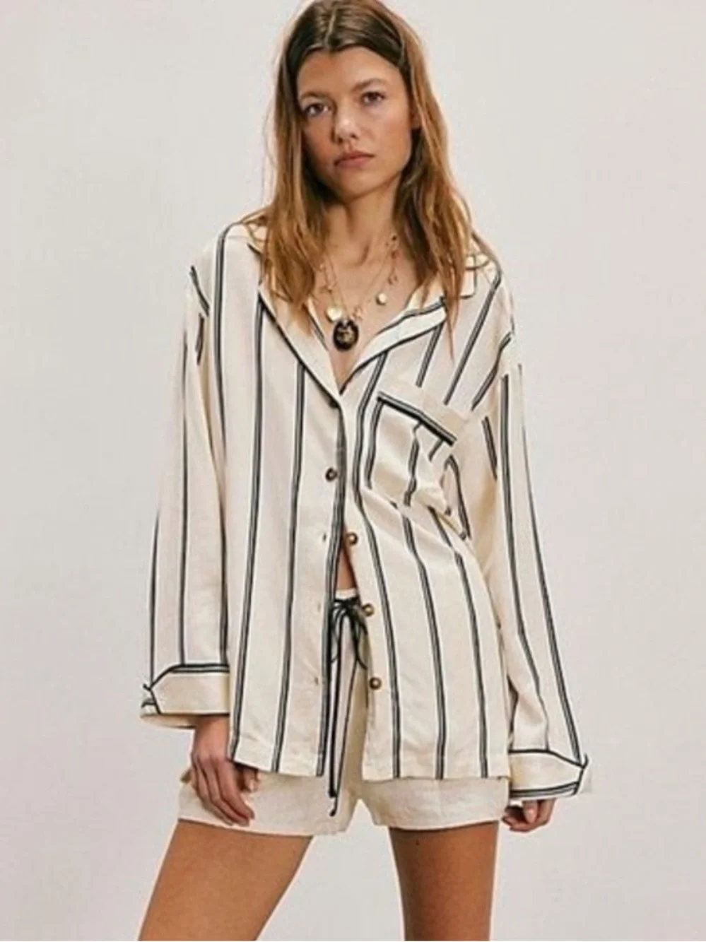 We The Free Rorie Satin Striped Slouchy Shirt Size Small